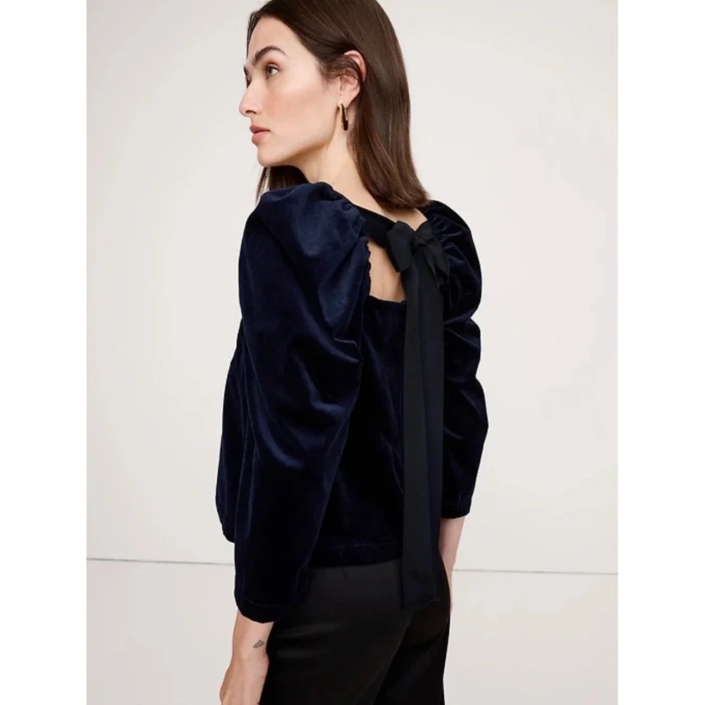 Banana Republic Velvet Top Womens L Navy Blue Puff Sleeve Bow Back Square Neck